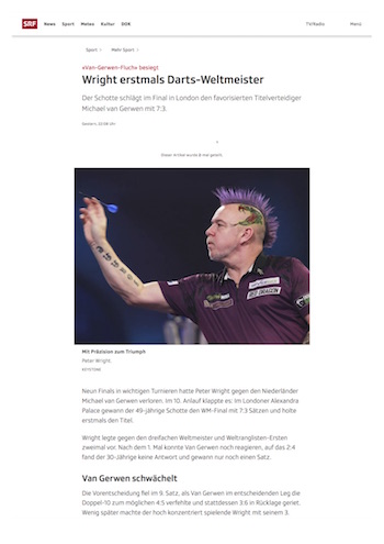 SRF: Wright erstmals Darts-Weltmeister